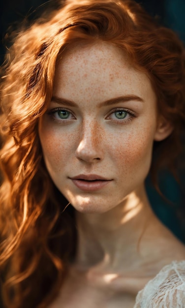 Porträt eines schönen rothaarigen Mädchens mit Freckles auf ihrem Gesicht ai generativ