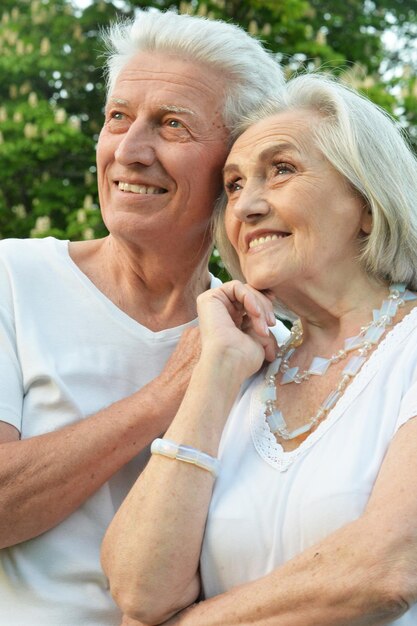 Porträt eines schönen Seniorenpaares, das im Park posiert