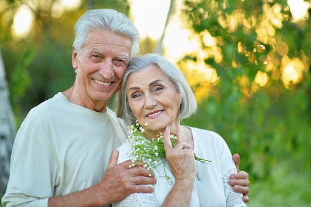 Porträt eines schönen Seniorenpaares, das sich im Sommerpark umarmt