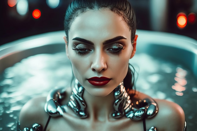 Porträt eines schönen sexy Cyborg-Mädchens in einer Badewanne mit Wasser aus der zukünftigen generativen KI