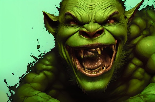 Porträt eines schrecklichen grünen Monsters, das schreit Fantastische Kreatur Orc Ogre Troll mit erschreckendem Gesichtsausdruck