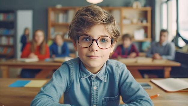 Porträt eines Schuljungen mit Brille in einem Klassenzimmer Gesprächsberatung mit einem Psychologen Anfang des Schuljahres KI-generiert