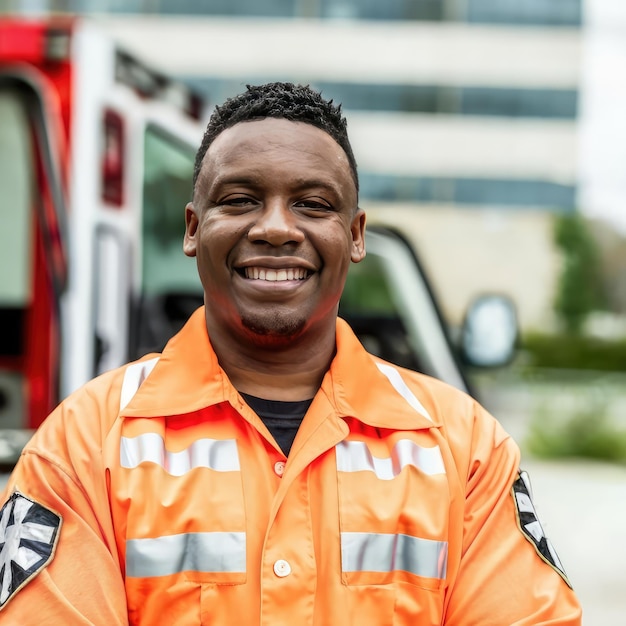 Foto porträt eines schwarzen afroamerikanischen sanitäter, der stolz vor der kamera steht