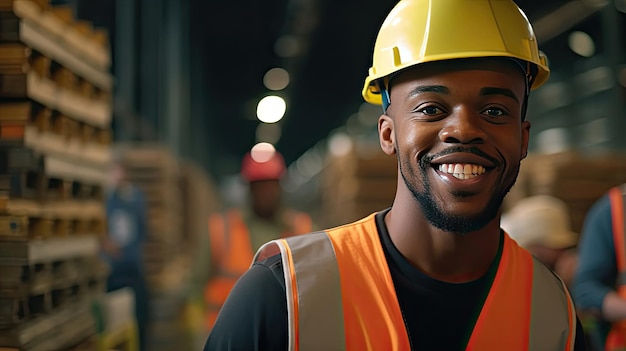 Porträt eines schwarzen Ingenieurs in Sicherheitsweste und Schutzhelm, professioneller schwarzer Mann, der in der modernen Fertigungsfabrik für generative KI arbeitet