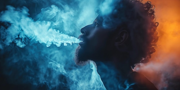 Foto porträt eines schwarzen männlichen rauchers, der zigarettenrauch in einer rauchigen atmosphäre mit neonlichtern ausatmet