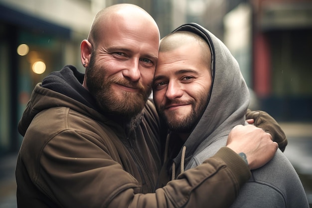 Porträt eines schwulen Paares, das sich auf der Straße umarmt und seine Liebe zeigt. LGBT- und Liebeskonzept Generative KI