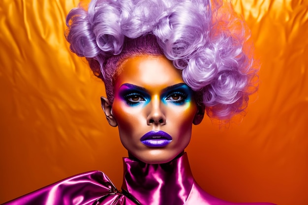 Porträt eines schwulen Transvestiten im Drag-Queen-Stil mit Make-up im Frauenkleid Generative AI