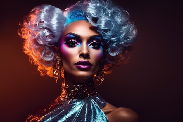 Porträt eines schwulen Transvestiten im Drag-Queen-Stil mit Make-up im Frauenkleid Generative AI