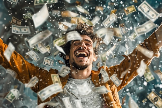 Foto porträt eines sehr glücklichen jungen mannes in einem geldregen