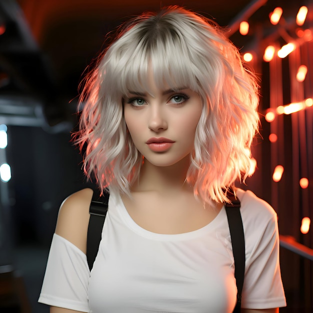 Porträt eines sehr jungen Models mit glattem Platinhaar in einem stumpfen One-Length-Bob mit Pony AI Gener