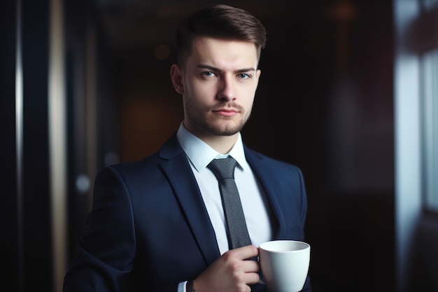 Porträt eines selbstbewussten jungen Geschäftsmanns, der seine Kaffeetasse in der Hand hält, erstellt mit generativer KI