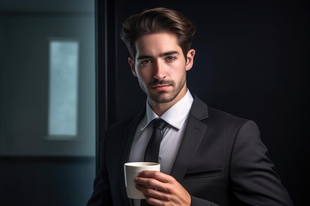 Porträt eines selbstbewussten jungen Geschäftsmanns, der seine Kaffeetasse in der Hand hält, erstellt mit generativer KI