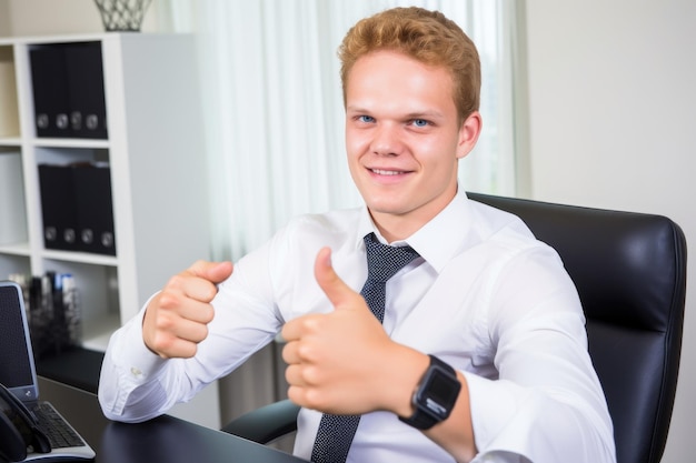 Porträt eines selbstbewussten jungen Mannes mit erhobenen Daumen in seinem Büro, erstellt mit generativer KI