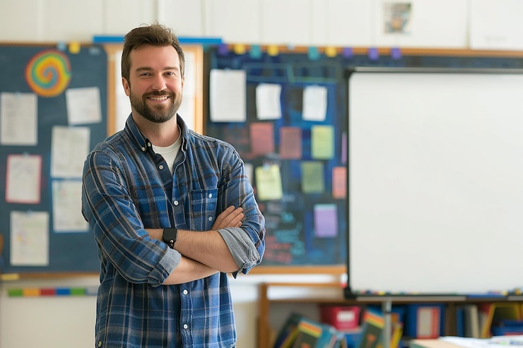 Foto porträt eines selbstbewussten kaukasischen lehreres im klassenzimmer