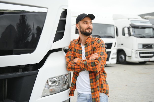 Porträt eines selbstbewussten LKW-Fahrers auf dem Parkplatz. Kopierraum