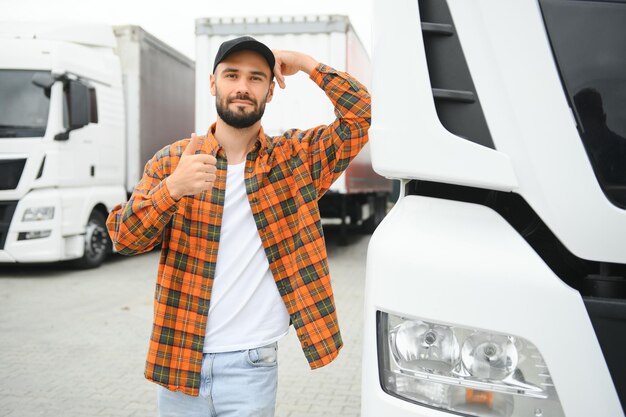 Porträt eines selbstbewussten LKW-Fahrers auf einem Parkplatz