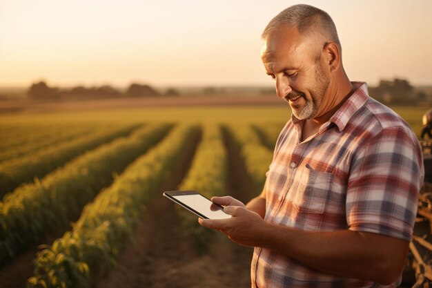 Porträt eines selbstbewussten männlichen Agronomen, der ein Tablet in Agriculture Generative von Ai verwendet