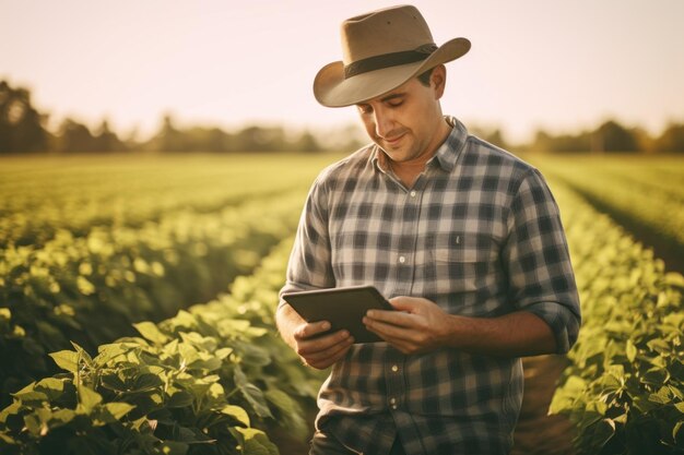 Porträt eines selbstbewussten männlichen Agronomen, der generative KI auf einem digitalen Tablet nutzt