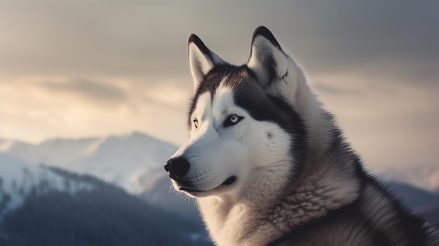 Foto porträt eines sibirischen huskys. schöner hund auf berghintergrund. generative ki