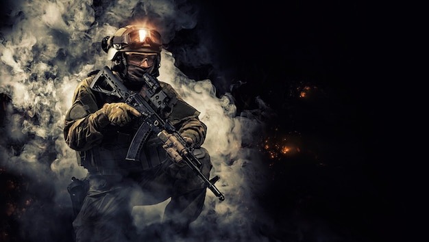 Porträt eines Soldaten der Spezialeinheit. Das Konzept der Militäreinheiten. Computerspiele. Gemischte Medien