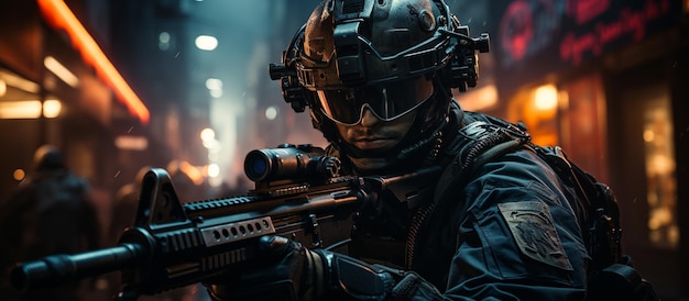 Foto porträt eines spezialeinheiten-soldaten mit sturmgewehr in der nachtstadt