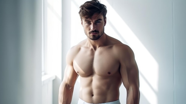 Foto porträt eines sportlich gutaussehenden starken mannes. gesundes sportliches fitness-model posiert