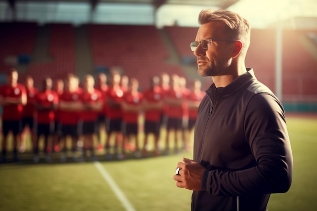 Porträt eines sportlichen Mannes in Sportbekleidung und Brille, der gegen einen Rugbyplatz steht und wegblickt