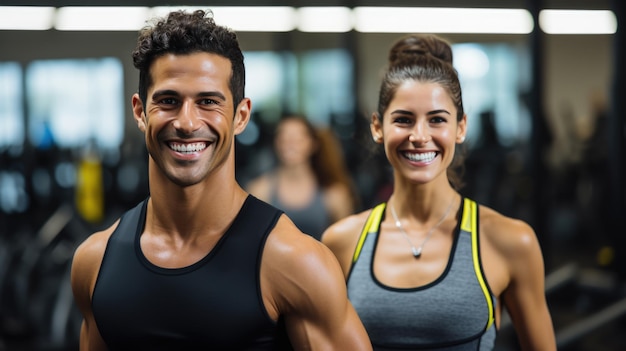 Porträt eines Sportmanns und einer Sportfrau, die zusammen in einem Fitnessstudio trainieren