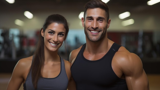 Porträt eines Sportmanns und einer Sportfrau, die zusammen in einem Fitnessstudio trainieren