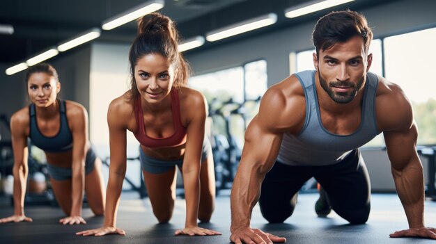 Foto porträt eines sportmanns und einer sportfrau, die zusammen in einem fitnessstudio trainieren