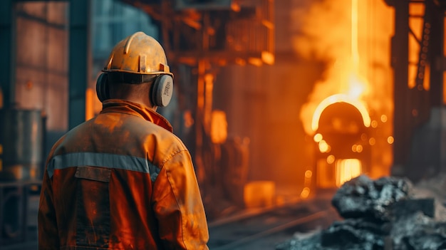 Porträt eines Stahlfabrikarbeiteres, der geschmolzenes Metall in einer industriellen Gießerei gießt