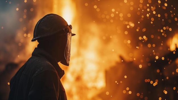 Porträt eines Stahlfabrikarbeiteres, der geschmolzenes Metall in einer industriellen Gießerei gießt