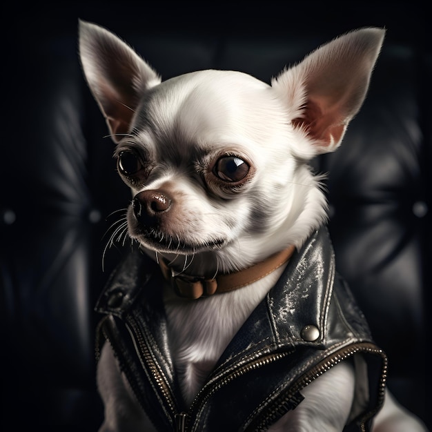 Porträt eines süßen Chihuahua-Hundes in Lederjacke