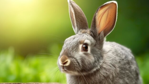 Foto porträt eines süßen, flauschigen grauen kaninchens mit ohren auf einem natürlichen grünen hintergrund