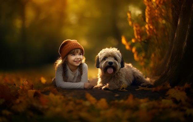 Foto porträt eines süßen, glücklichen kindes mit hund und besten freunden. lächelndes kleines mädchen geht mit seinem hund im gelben waldgartenpark spazieren, der auf grünem gras in der natur liegt. freundschaft zwischen mensch und tier