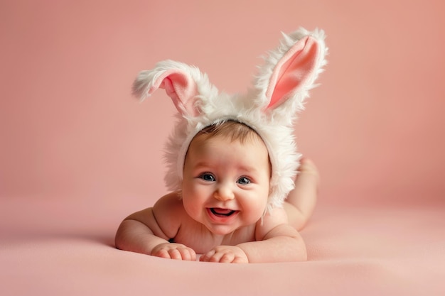 Porträt eines süßen, glücklichen Osterbabes mit Osterhase-Ohren