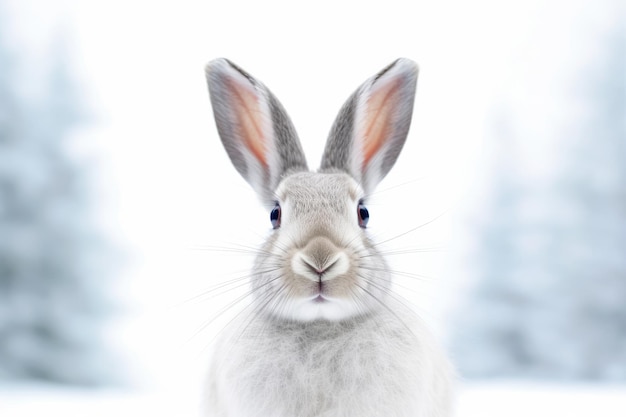 Porträt eines süßen Hasen oder Kaninchens vor dem Hintergrund eines Winterwaldes