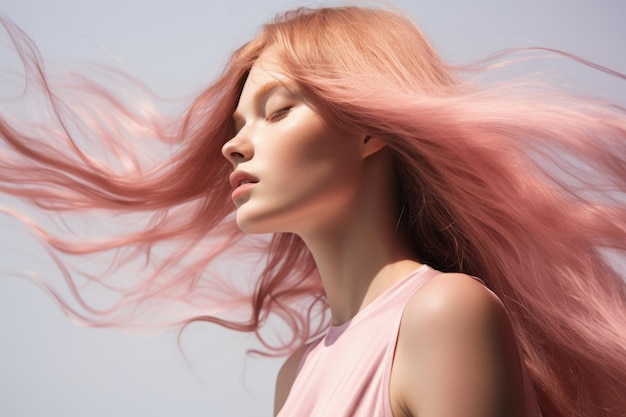 Porträt eines süßen jungen Mädchens mit langen rosa Haaren auf blauem Hintergrund