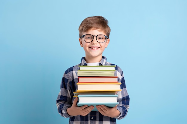 Porträt eines süßen Jungen mit Brille und Büchern auf blauem Hintergrund