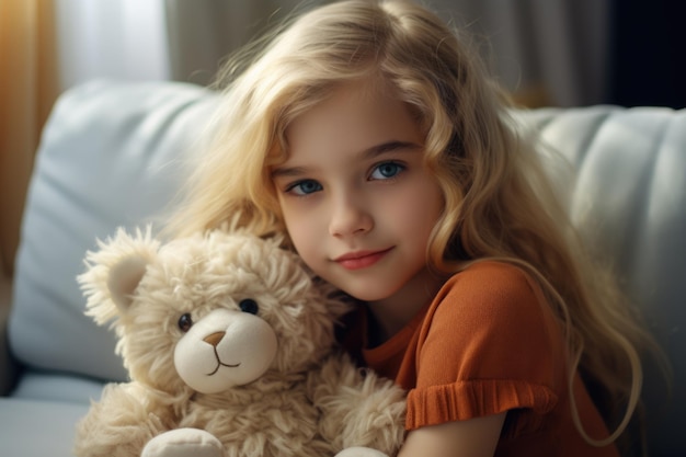 Porträt eines süßen kleinen Mädchens mit einem Teddybären zu Hause