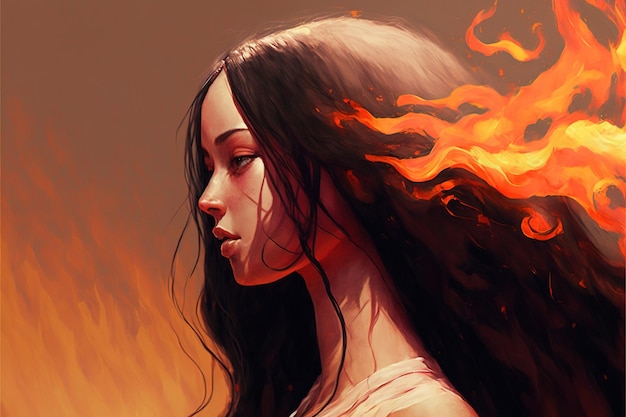 Porträt eines süßen Mädchens im Feuer Brennendes Mädchen in der Flamme Illustrationsmalerei einer Frau im Feuer im digitalen Kunststil