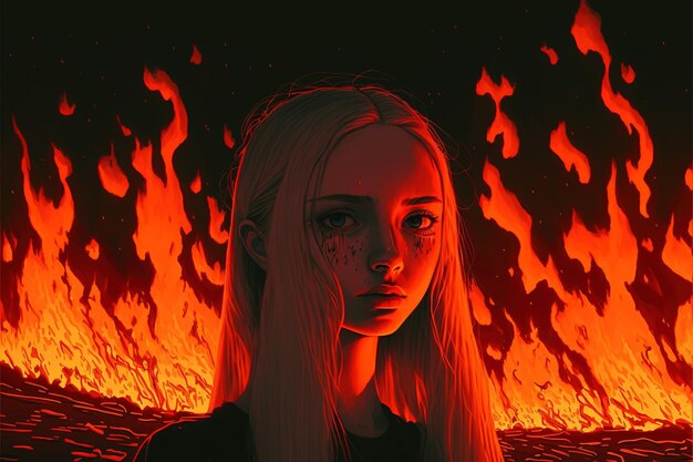 Porträt eines süßen Mädchens im Feuer Brennendes Mädchen in der Flamme Illustrationsmalerei einer Frau im Feuer im digitalen Kunststil