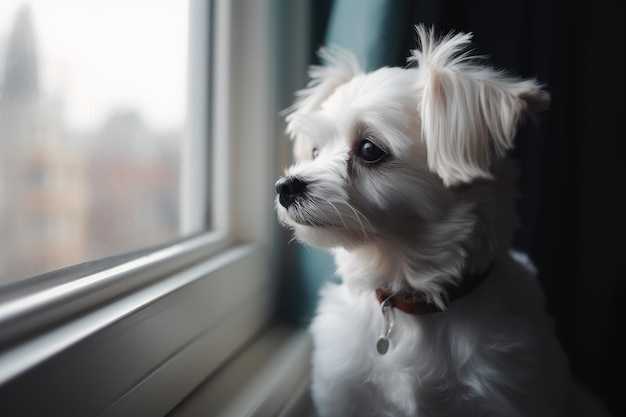 Porträt eines süßen maltesischen Hundes, der auf der Fensterbank sitzt. KI-generiert