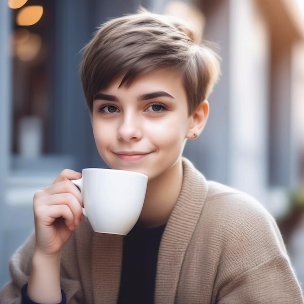 Porträt eines süßen, schönen, jungen Mädchens mit kurzem Haarschnitt und trendigen, jungenartigen Kleidern, das eine Tasse C trinkt