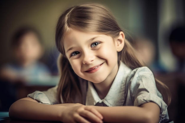 Porträt eines süßen Schulmädchens, das an einem Schreibtisch lächelnd sitzt