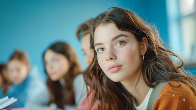 Porträt eines Teenager-Mädchens mit langen Haaren und blauen Augen im Klassenzimmer