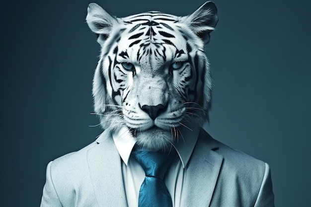 Porträt eines Tigers in einem klassischen blauen Anzug und Brille Illustration der generativen KI Die Leibwächter-Mafia