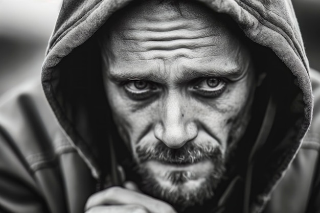 Foto porträt eines traurigen mannes mit kapuzen