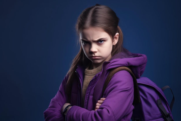Porträt eines traurigen Schulmädchens mit Rucksack auf blauem Hintergrund