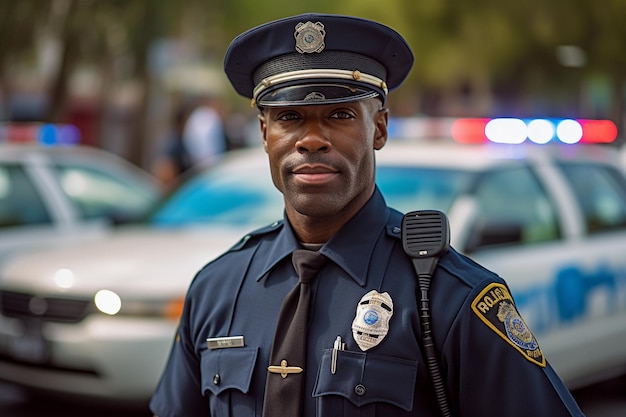 Porträt eines uniformierten afroamerikanischen Polizisten auf der Straße